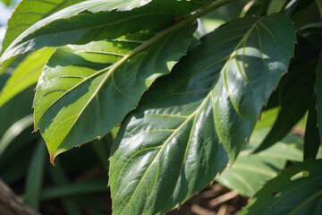 a close up of a leaf on a tree, dark green,generative ai