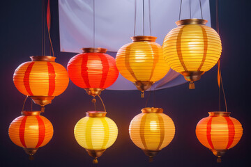 a bunch of paper lanterns hanging from a ceiling, glowing lanterns,generative ai