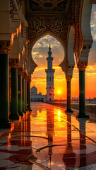 Atmosphere of the mosque during Ramadan, before breaking the fast, at sunset. Reflects the spirituality and community gathering during the holy month.
