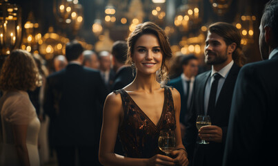 woman in evening dress smiling to the camera at a luxurious dinner party holding a glass of wine - obrazy, fototapety, plakaty