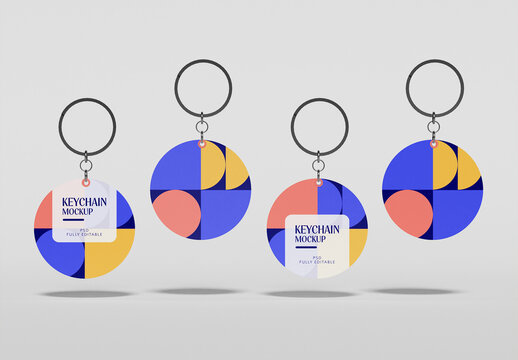 Four Floating Round Keychains Mockup