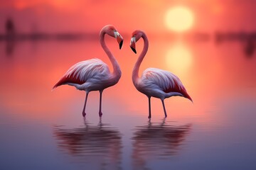 A serene scene of a pair of flamingos wading gracefully in shallow waters, their pink hues mirrored in the sunset.