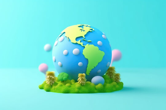 Green cartoon planet Earth on white background. Planet Earth day or Environment day concept. Realistic 3d.