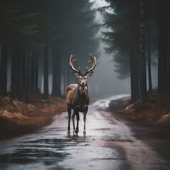 Wild animal on asphalt road in foggy morning, dangerous situation for driver on the road. Deer crossing car road near forest, aesthetic photography.