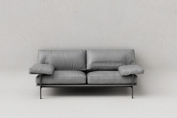 Leather grey sofa for living room, industrial interior background, 3d render