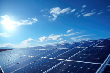 Bright blue solar panels under a cloudy sky with the sun shining. 3d render illustration.