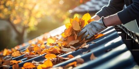 Hand clearing out fallen autumn leaves from a house gutter , concept of Foliage removal - obrazy, fototapety, plakaty