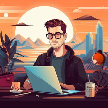 Young man with glasses sitting at a laptop, freelancer, student, remote work