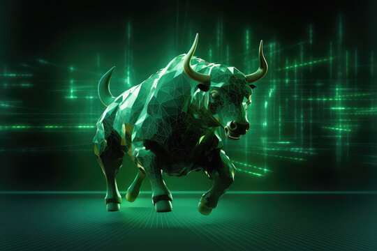 Metallic green bull or bullish with market trend in crypto currency or stocks. Trade exchange background, up arrow graph for increase in rates.3d render illustration.