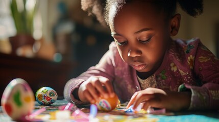 Black girl is coloring an Easter egg. The concept of Easter