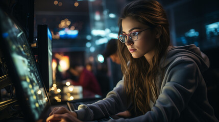 Young woman hacker with glasses typing on the computer in a computer lab