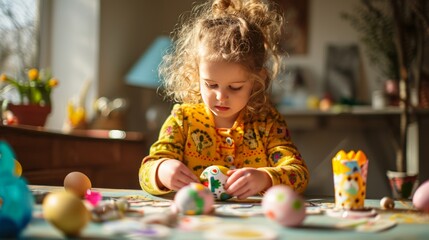 Little girl is coloring an Easter egg. The concept of Easter