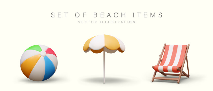 Set of 3D beach objects in cartoon style. Color isolated illustrations, concept of rest near sea, ocean. Active leisure and lazy relaxation during summer holidays