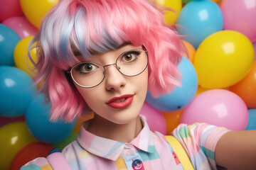 Fototapeta na wymiar an excited young woman with wild pink hair, glasses rejoices with her mouth open against a background of pink balloons
