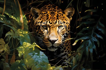 A stealthy jaguar camouflaged in the dappled shadows of a dense jungle, eyes fixed on prey.
