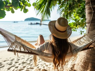 Traveler woman relax in hammock on summer beach Thailand, sunny summer day, tropical flowers around