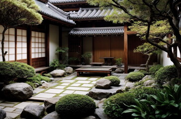 Fototapeta premium Small garden space in a Japanese courtyard .harmonious landscape. Beautiful relax design