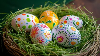 Fototapeta na wymiar Easter nest with colorful eggs on white background. Holidays decorations.