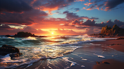 Sunset Serenity and Waves on the Sea Beach during the Summer Season