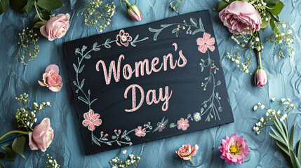 "Women's Day" written in pastel chalk on a blackboard, surrounded by floral drawings, Women's day, pastel background, Flat lay, top view, with copy space