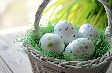 Obraz premium Easter Basket with colorful eggs on white background. Holidays decorations.