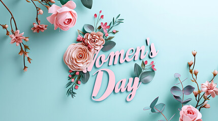 "Women's Day" in elegant script on a pastel ombre canvas, Women's day, pastel background, Flat lay, top view, with copy space
