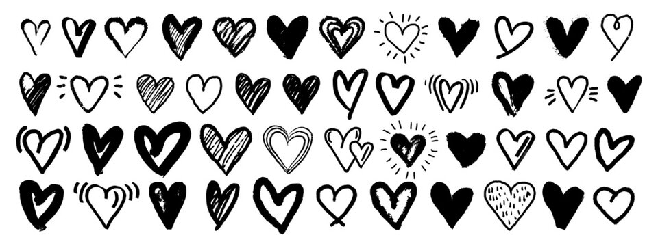 Doodle heart icon set, vector sketch love hand drawn shapes, Valentine day scribble romantic sign. Vintage grunge texture squiggle minimal collection, nubes print kit. Doodle heart holiday symbol