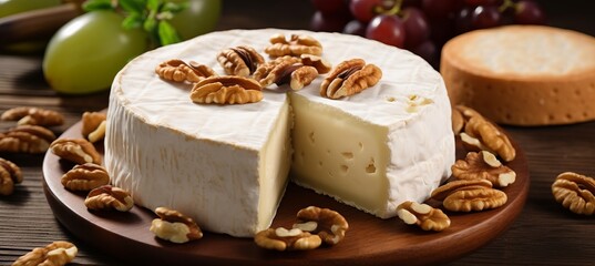 Fototapeta na wymiar Cheese delicacy with walnuts and crackers on wooden plate perfect for wine pairing and romance