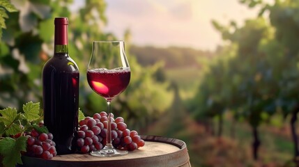 Red wine glass and grape on wooden barrel with vineyard background