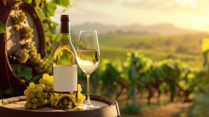 White wine glass and grape on wooden barrel with vineyard background