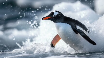 Fototapeta premium Close up portrait of one penguin walking in the snow of Antarctica with foot raised, wings outstretched