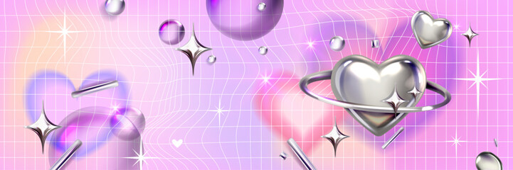Y2k blur gradient heart background, love futuristic vector poster, trendy chrome 3D shapes grid. Abstract romantic aesthetic Valentine Day holiday banner, silver heart, 2000s party. Y2k background - obrazy, fototapety, plakaty