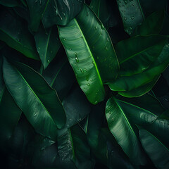 Abstract green leaf texture, tropical leaf foliage nature dark green background.