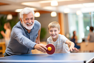 A joyful scene of a grandfather teaching his grandson the art of table tennis, creating a fun and recreational family moment. - obrazy, fototapety, plakaty