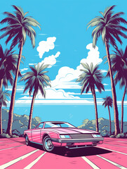 T-shirt design, Abstract 1980's futurism. Car city, beach, palms art style created with Generative Ai
