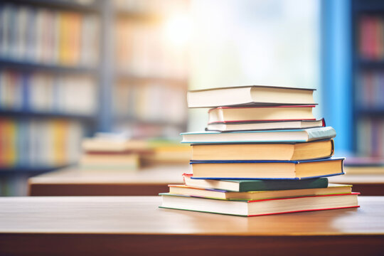 A photo of a neatly arranged stack of textbooks on a desk, set against a blurred background of a school library