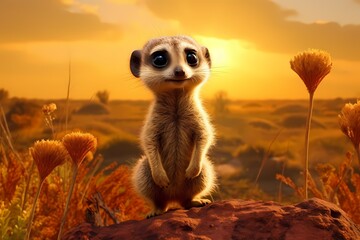 A tiny meerkat standing alert in a golden savanna.