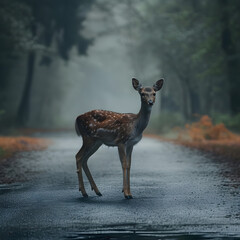 Wild animal on asphalt road in foggy morning, dangerous situation for driver on the road. Deer crossing car road near forest, aesthetic photography.