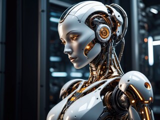 A robot with headphones on, female cyborg in data center