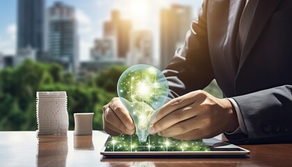 Human interaction of advanced technology based on AI hologram with greenery city concept, eco-friendly city with hologram network light bulb screen icons for energy source renewable.