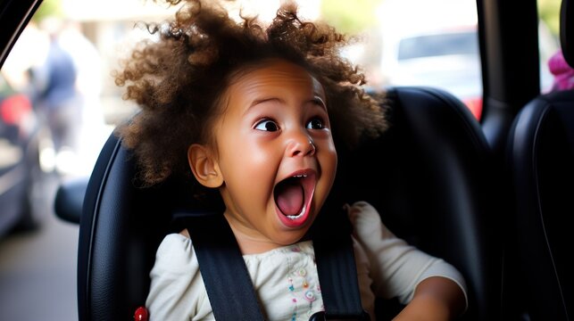 With a sense of adventure and anticipation, the happy child eagerly awaits the next destination from their cozy car seat.