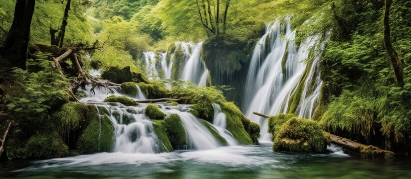 Plitvice National Park on a bright summer day with blue sky and clouds and green foliage and turquoise water