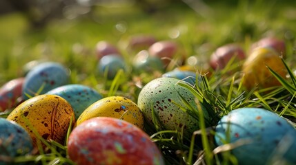 Decorated Easter eggs in field. Colorful background. Easter banner.