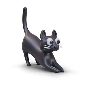 Realistic cartoon cat in black color stretch oneself. Funny cat for Halloween. Cute animal concept. Vector illustration in 3d style with shadow on white background