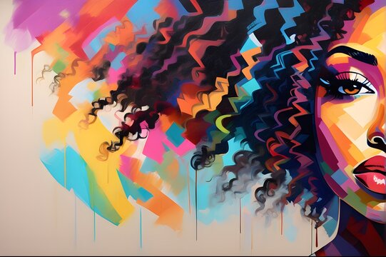 an African american woman face closeup with a lush curly hair multi color abstract portrait