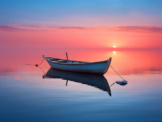 Fishing boat on the water at sunset. Beautiful nature background.