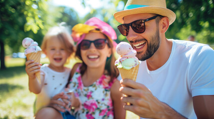 Obraz premium A happy and smiling family holding ice cream in their hands against the backdrop of a summer park.