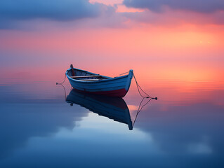 Fishing boat on the water at sunset. Beautiful nature background.