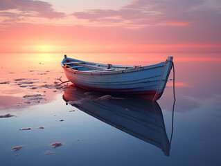 Fototapeta premium Fishing boat on the water at sunset. Beautiful nature background.