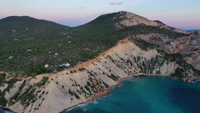 Aerial view of the coastline facing the Mediterranean coastline, Torre des Savinar, Sant Josep de sa Talaia, Ibiza, Balearic Islands, Spain.